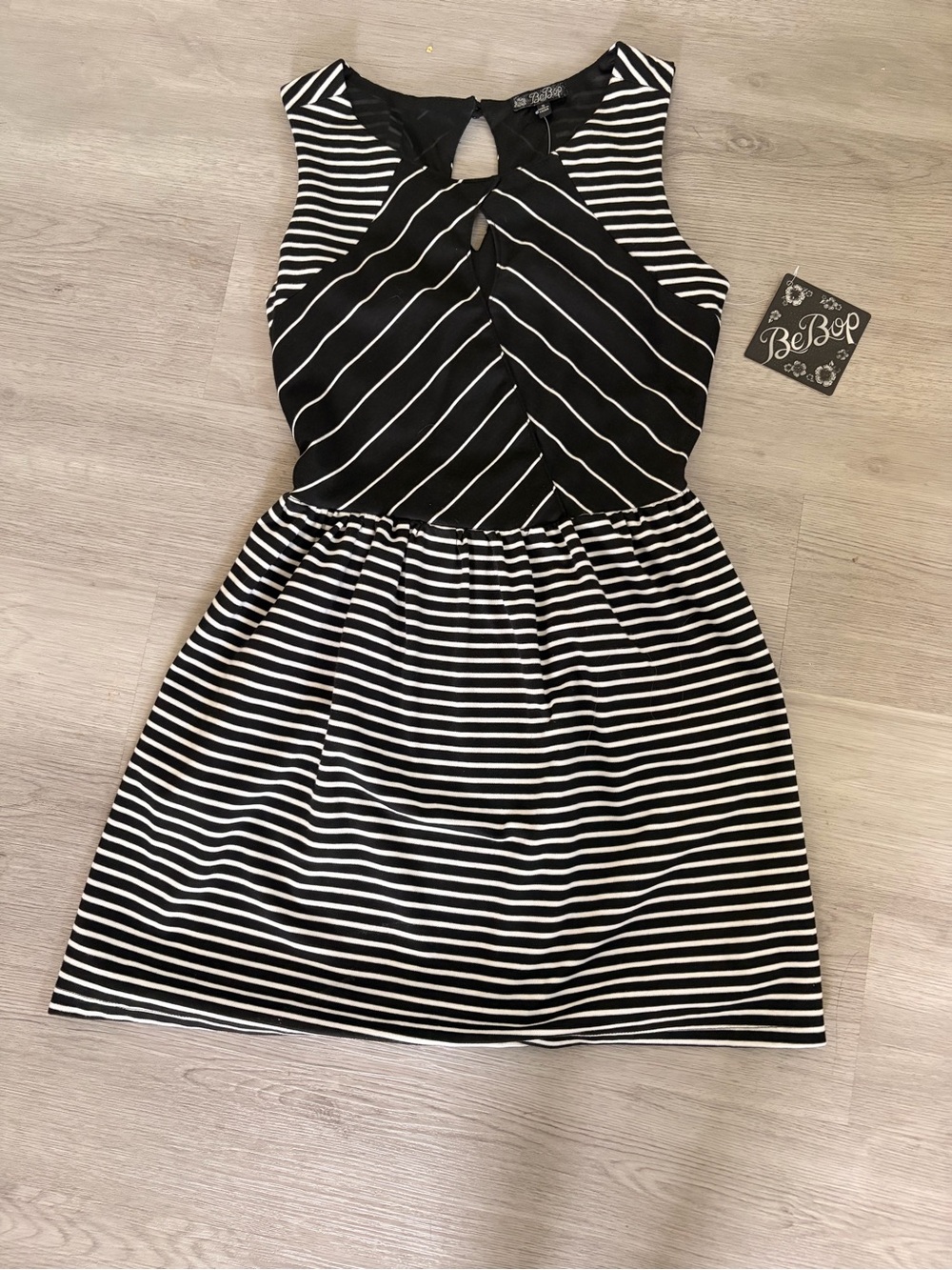 BeBop Black & White Striped Dress with Twist Neck Detail